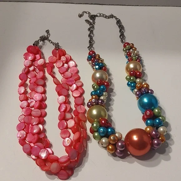 Fun rainbow bead statement necklace & Bright Pink Iridescent Layering Necklace - Picture 1 of 11